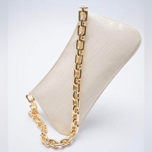 Zara Lilac Animal Croc Embossed Print Shoulder Hand Bag Gold Tone Chain Strap